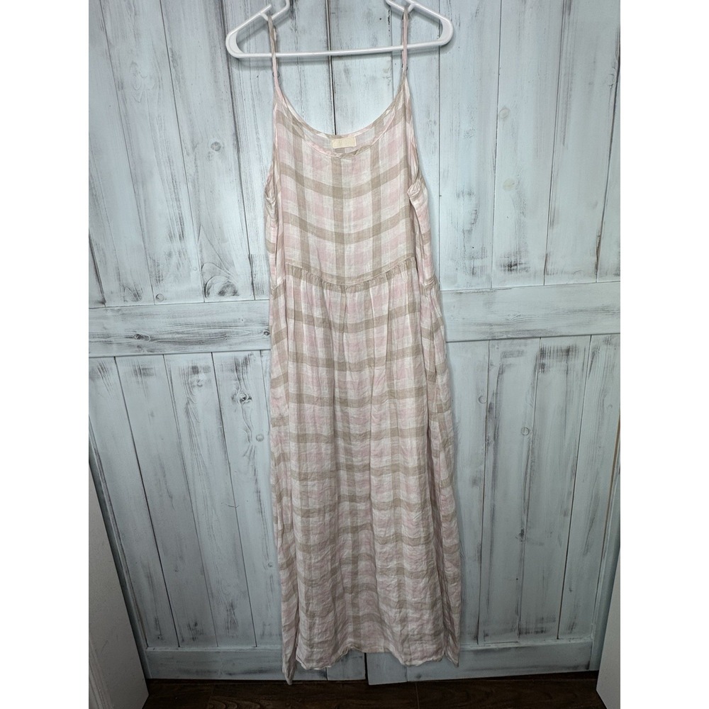 CP SHADES GINGHAM CHECK PINK BROWN WHITE LINEN SLEEVELESS MAXI DRESS POCKETS L